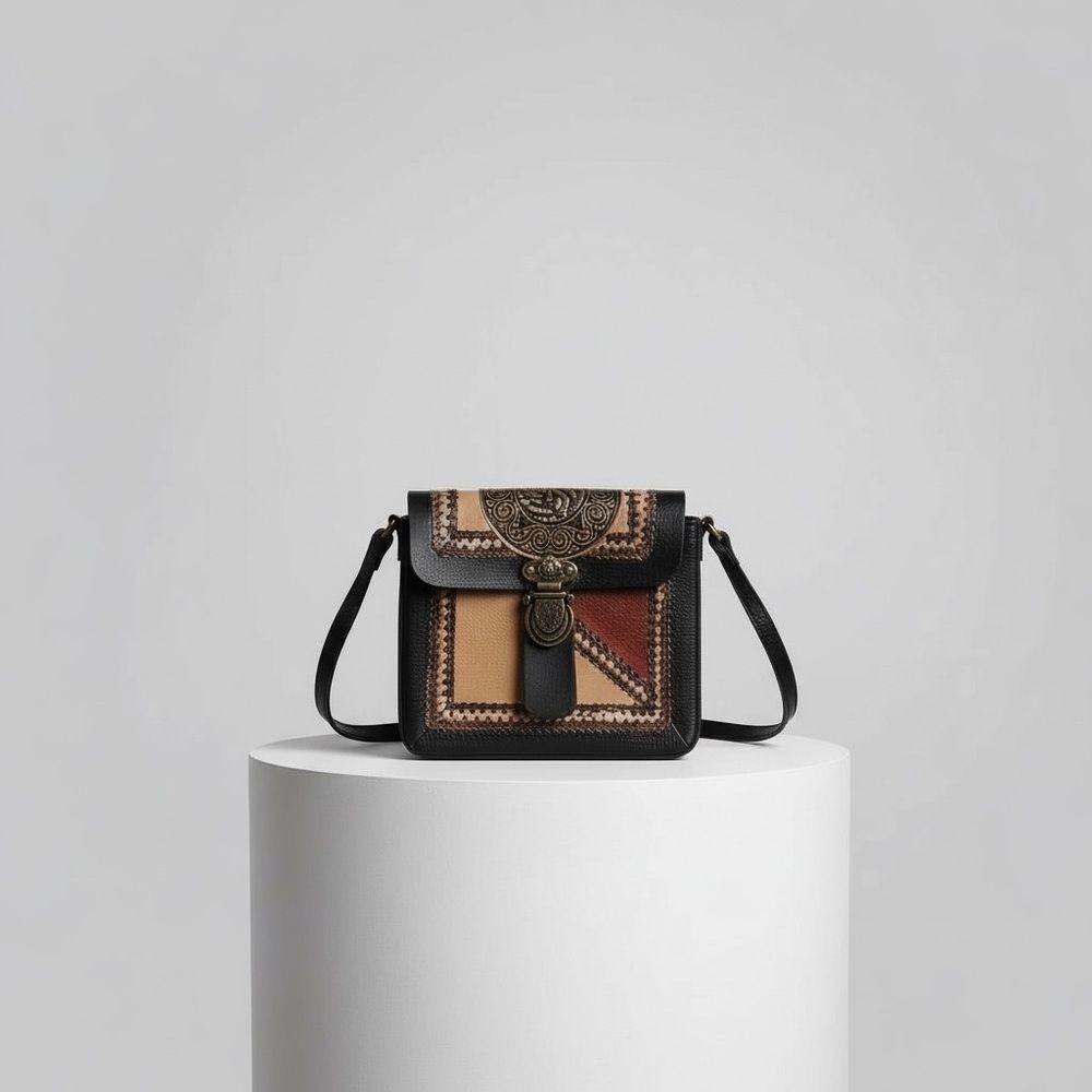 Leather Embossed Floral Western Style‎ Handmade Mexico Crossbody Bag Black Tan